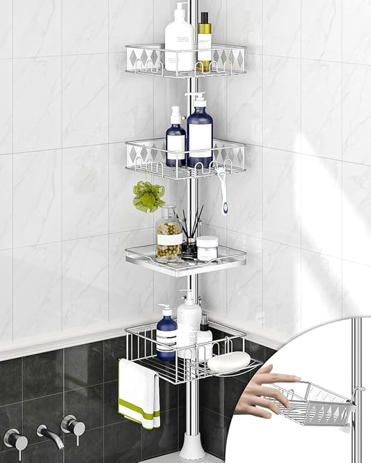 SElRIONE Corner Shower Caddy Tension Pole, Quick Setup, Rust-Free Bathroom Shower Organizer Corner for Bathtub Shampoo Storage, 4-Tier Adjustable Shelf, Drill Free, Fits 34 to 116 Inch Height