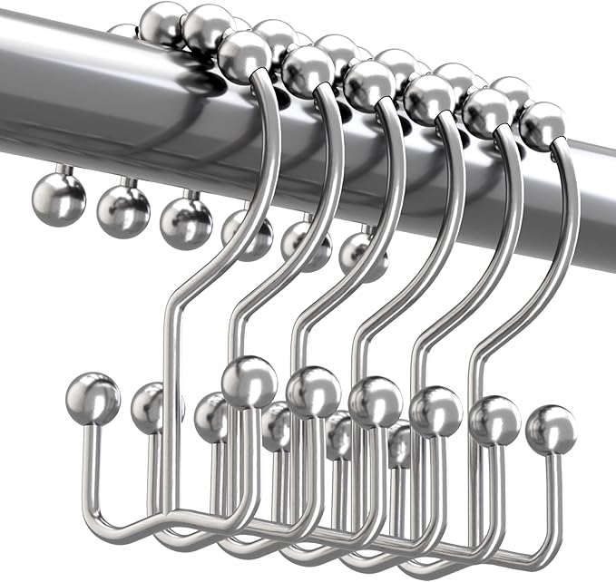 Titanker Shower Curtain Hooks Rings, Rust-Resistant Metal Double Glide Shower Hooks for Bathroom Shower Rods Curtains, Set of 12 Hooks - Chrome