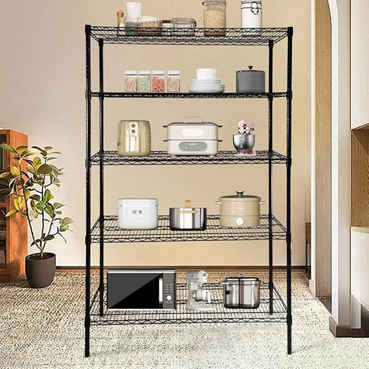 Heavy Duty 5-Tier Wire Shelving Adjustable Shelves Unit Metal Storage Rack Flat for Laundry Kitchen Pantry Garage Closet Organization (Black, 47.1" L x 17.6" W x 72.2" H)