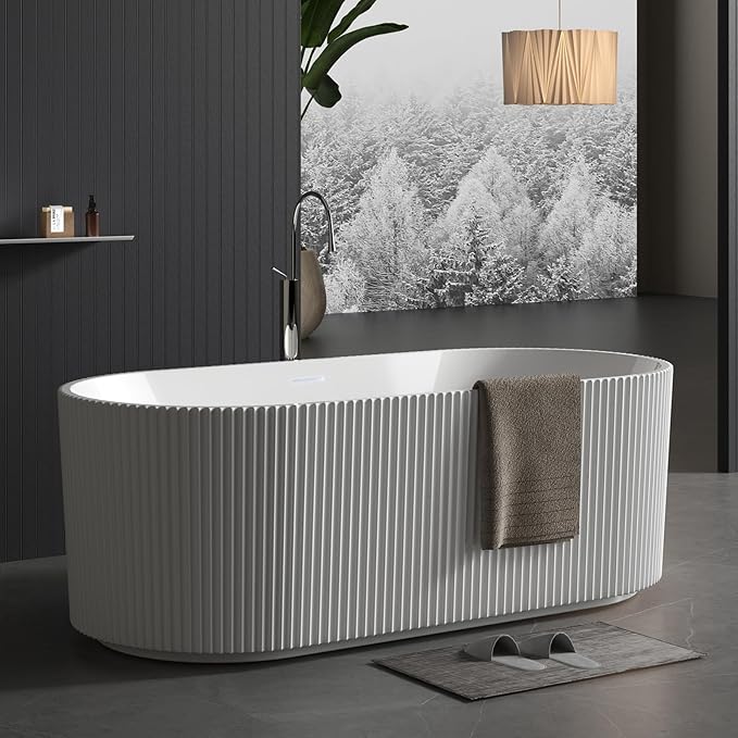 59" Acrylic Freestanding Bathtub with Textured Stripes, Deep Soak Tub, Space-Saving, Glossy Surface, Luxury Spa Design for Modern Bathrooms