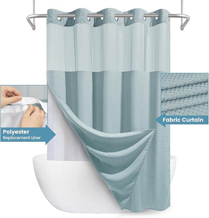 Fog Blue No Hook Shower Curtain with Snap in Liner,230GSM Waffle Weave Shower Curtains for Bathroom,71W x 74H