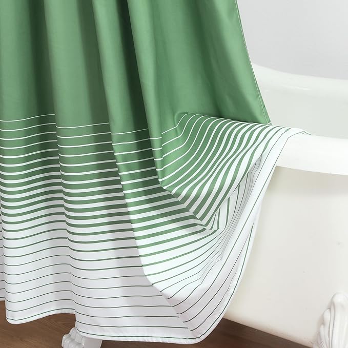 Green Shower Curtain, Sage Green and White Gradient Horizontal Stripe Waterproof Polyester Shower Curtains for Bathroom, 72x72 Inches