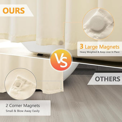 Waterproof Fabric Shower Curtain Liner with 3 Extra-Large Magnets, 72 x 72 inch Washable Cloth Shower Liner Elegant Hotel Quality, Neutral Cream Lightweight Shower Curtain for Bathroom
