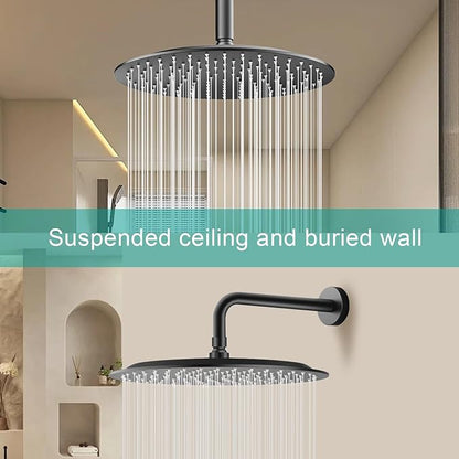 All Metal Rain Shower Head - Heavy Duty Stainless Steel, Easy Install, High Water Flow, Ultra-Thin Modern Design for Bathroom (D-Matte Black, 12)