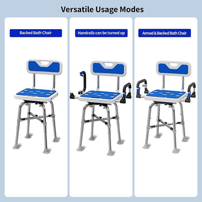 Swive Shower Chair with Arms and Back Heavy Duty 500 lbs for Seniors Elderly Disabled or Bariatric Adults Bench Seat for Inside Shower Stall and Bathroom Bath Tub Seats Adjustable Stool