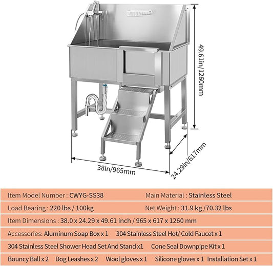 38" Dog Washing Station Large Dogs Grooming Tub Professional Stainless Steel Dog Bathtubs Bathing Tub Pet Washing Station for Home with Steps,R-Door