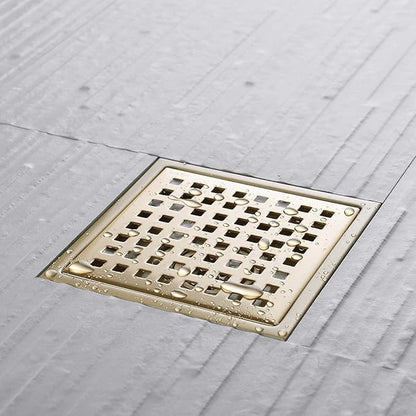 6 Inch Square Shower Drain with Adjustable Shower Drain Base Flange, SUS 304 Stainless Steel Floor Drain with Removable Cover Grid Grate, Brushed Gold Brass Finished