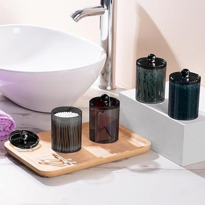 4 Pack Qtip Holder,Canister Apothecary Jar Set, Bathroom Jars with Lids Set for Cotton Swabs, Balls, Pads, Floss Picks,10oz-12oz Plastic Canisters Restroom Bedroom Vanity Organizer(Black)