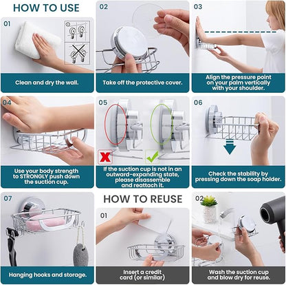 TAILI Soap Bar Holder Dish with Hooks, Shower Soap Tray Saver Suction Cup with Razor Holder for Wall, Rustproof Stainless Steel Bath Shampoo Caddy for Bathroom Accessories Organizer, Silver