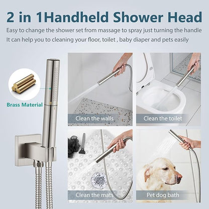 Aolemi Shower Faucet Set, High Pressure Shower System with 2-in-1 Handheld Sprayer, Wall Mount Fixture Combo with Rough-in Valve, 16 Inch Shower Head, Brushed Nickel