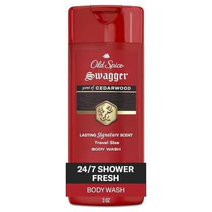 Old Spice Refreshing Body Wash for Men, 3X Defense, 24/7 Shower Fresh with Long Lasting Scent, Travel Size, Red Collection, Swagger with Cedarwood Scent, 3 oz