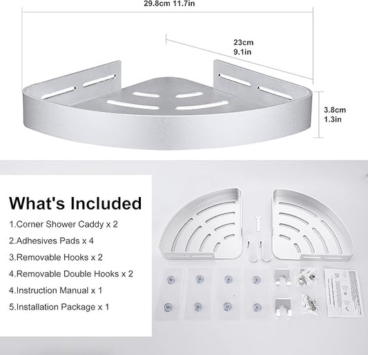 Adhesive Corner Shower Caddy with Hooks,Bathroom Shower Organizer, No Drilling Rust Proof Aluminum Shower Shelf for Inside Shower 2 Pack (Silver)