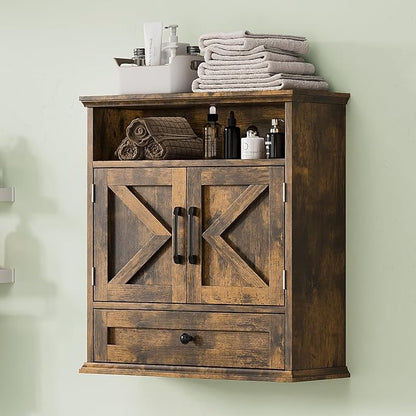 Bathroom Wall Cabinet, Wall Mounted Medicine Cabinet with Drawer, Barn Door & Adjustable Shelf, 24.4"H x 23.6"W x 9"D Rustic Brown Over Toilet Farmhouse Storage Cabinet for Kitchen, Laundry, Entryway