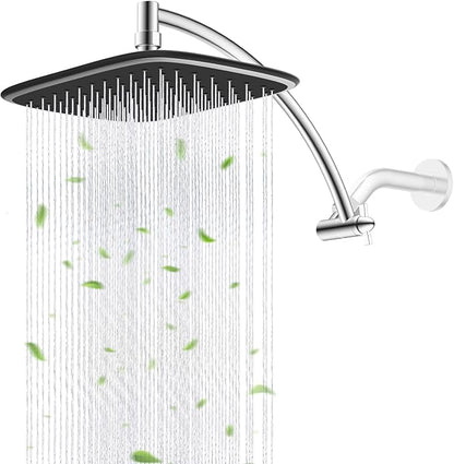 Rain Shower Head with 12" Shower Head Extension Arm, 10" High Pressure Boosting Rainfall/Fixed Showerhead 2.5 GPM, Metal Shower Head Extender Adjustable Height Angle, Easy 1-Min Installation, Chrome