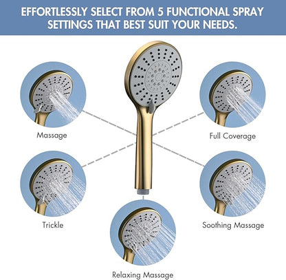 Adjustable Shower Slide Bar with 5-Function Handheld Shower Head, Stainless Steel Grab Slide Bar Combo with Extra Hose (Brushed Gold)