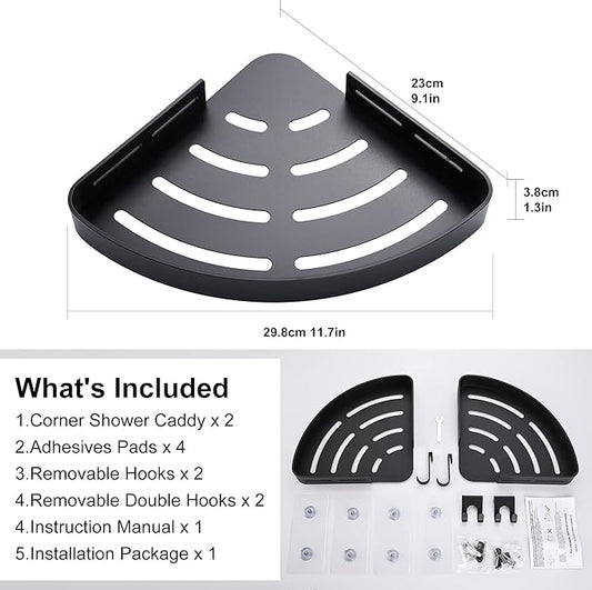 Adhesive Corner Shower Caddy with Hooks,Bathroom Shower Organizer, No Drilling Rust Proof Aluminum Shower Shelf for Inside Shower 2 Pack (Black)