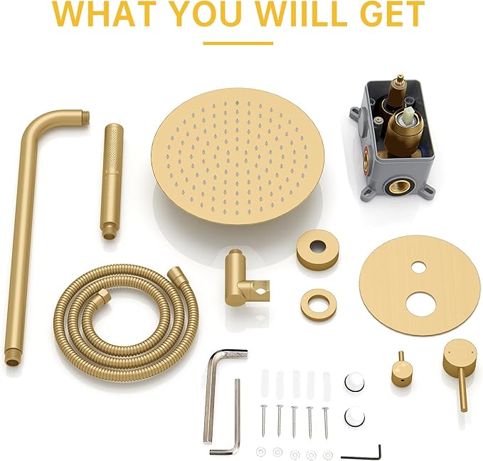 BESy Shower System with 10 Inch Round Rain Shower Head and Handheld Wall Mounted, High Pressure Rainfall Shower Faucet Fixture Combo Set with 2 in 1 Handheld Showerhead for Bathroom, Brushed Gold