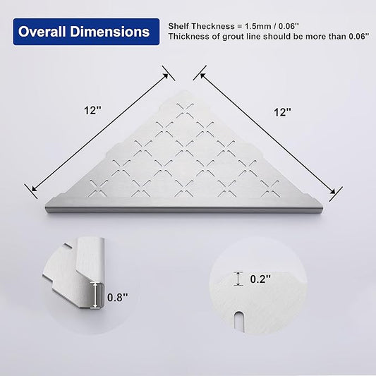 12" Corner Shower Shelf, 2-Pack Shower Shelves SUS304 Stainless Steel Bathroom Shelves for Tile Walls, Recessed Corner Shelf Organizer Rack, Large Size (Brushed)