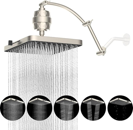 Hibbent Rain Filtered Shower Head, 13'' High Pressure Rainfall 5 Modes Showerhead with 16" Shower Head Extension Arm, Solid Brass Adjustable Shower Arm Extender, 20 Stage Shower Filter, Brushed Nickel