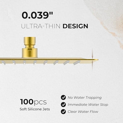 10 Inch Rain Shower Head, Square Rainfall & High Pressure, 304 Stainless Steel, 1/16" Ultra Thin, Waterfall Full Body Coverage with Silicone Nozzle, Brushed Gold