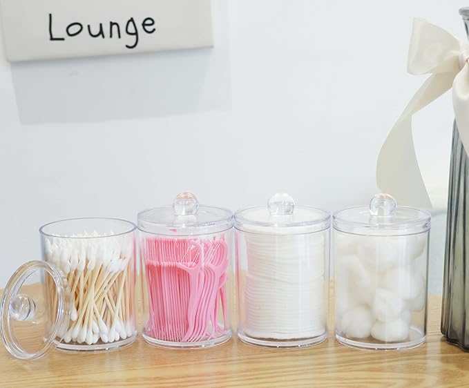 4 Pack Acrylic Qtip Holder Dispenser,Bathroom Canisters Apothecary Jar Set, Vanity Makeup Storage Organizer Set,10 oz