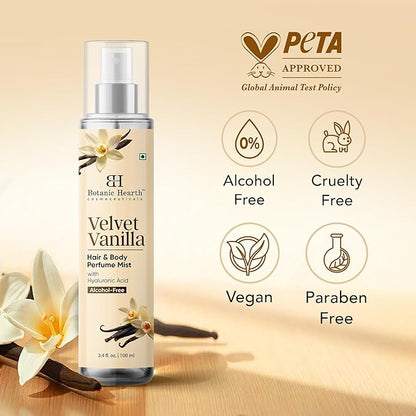 Botanic Hearth Velvet Vanilla Hair & Body Perfume Mist with Hyaluronic Acid, Alcohol-Free Formula, Long Lasting Fresh Vanilla Scent, Lightweight Body Spray for Women & Men, 3.4 fl oz / 100 ml