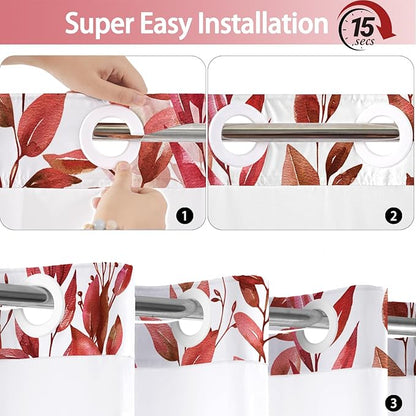 No Hook Shower Curtain and Liner Set, Red Eucalyptus Floral Shower Curtains for Bathroom, Bath Curtain Sets with Snap in Liner, Waterproof with See Through Top Window, 71x74 Inches