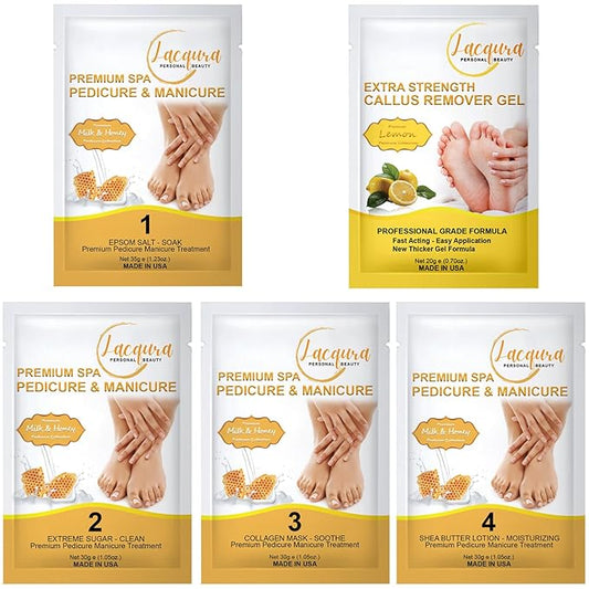 Epsom Salt Soak, Callus Remover Gel, Extreme Sugar Scrub, Collagen Mask & Shea Butter Lotion – Professional Spa Foot Care System 5 Step Luxury Pedicure Kit. Milk & Honey 50 Set