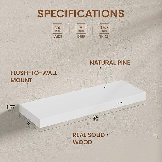 Heimlove 24 inch Floating Shelves for Wall,2 Packs Natural Pine Solid Wood Floating Shelves, 8 inches Deep Wooden Shelves for Kitchen Bedroom Office & Living Room Display Wall Decor
