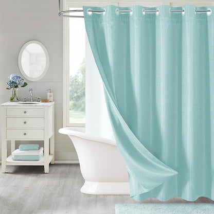 MitoVilla Teal No Hooks Needed Waffle Shower Curtain Liner Set, Turquoise Modern Waffle Weave Heavy Fabric Cloth Shower Curtain with Snap-in Liner for Aqua Luxury Neutral Hotel Spa Bathroom Decor