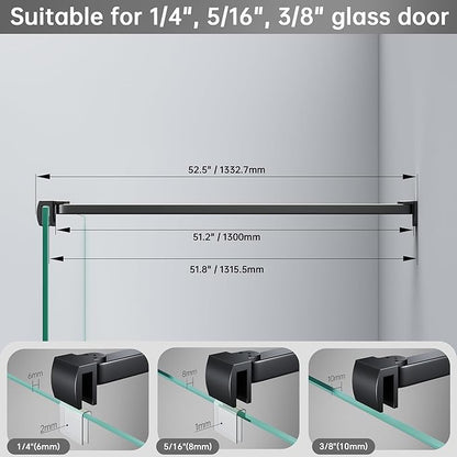 Frameless Shower Door Support Bar, Stainless Steel Wall-to-Glass Support Arm to Fixed Shower Glass Panel, for 1/4"-3/8" (6-10 mm) Door, 180° Pivot & Stow-Flat Mode (Matte Black, 51.2-inch(1300mm))
