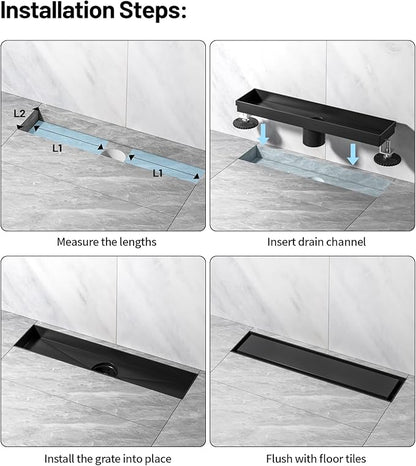 Linear Shower Drain, 304 Stainless Steel with Adjustable Leveling Feet, Hair Strainer,Reversely Install Place to Create an Invisible Floor Drain - Black -18-Inch