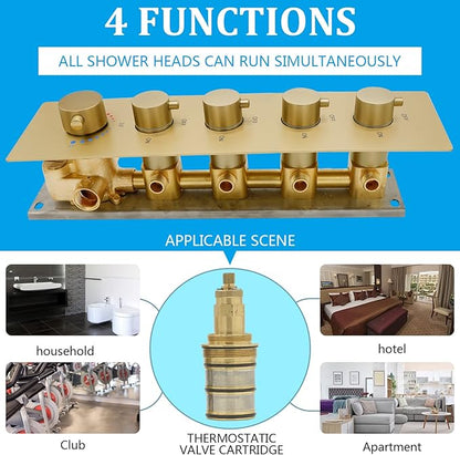 HOMEDEC 4 Way Shower Valve Rough-In and Trim Kit, 5 Handle Control Thermostatic Shower Mixing Valve with Diverter can Work at the Same Time, Brushed Gold