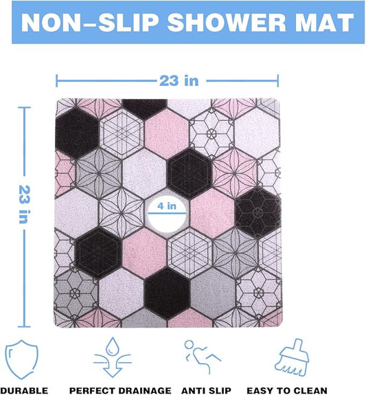 Square Shower Mat 23x23 Inch Non-Slip with Drain Hole, Shower Floor Mats for Bathroom, PVC Loofah Stall Mat, Secure Boho Bath Mats