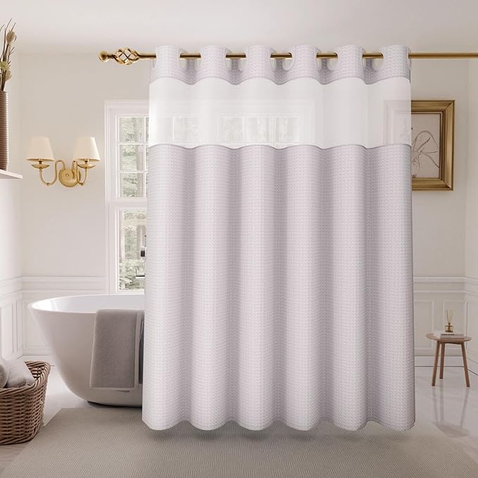 Inhousolu Stall No Hook Shower Curtain with Snap in Fabric Liner Set Waffle Weave 230GSM Weighted Hem, Waterproof & Washable Bathroom Curtain Spa Luxury with Mesh Top Window 36" W x 72" L White