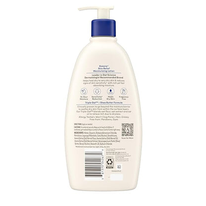 Aveeno Skin Relief Moisturizing Lotion Heals Very Dry, Sensitive Skin, Fast-Absorbing Body Lotion with Soothing Triple Oat & Shea Butter Formula, Fragrance Free, Non-Comedogenic, 18 fl. oz