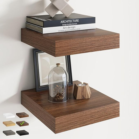 12 Inch Square Floating Shelves for Wall 2 Pack, 12"D Wood Grain Bathroom Shelves with Invisible Brackets, Easy Install Engineered Wood Storage Shelves for Kitchen, Living Room, Bedroom, Walnut Finish