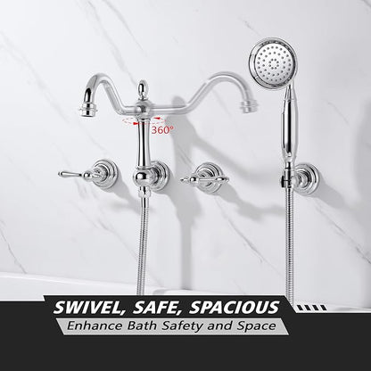 SUMERAIN Vintage Wall Mounted Bathtub Faucet with Hand Shower, High Flow Tub Filler Chrome Finish, Rough-in Valve Included