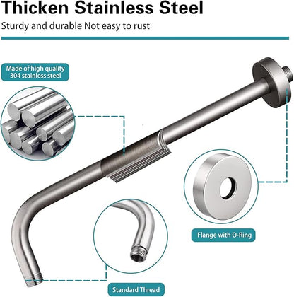 12 Inch Shower Arm with Flange,Stainless Steel 90 Degree Rain Shower Head Extension Arm,Wall-Mounted Shower Head Arm for Fixed Shower Head,Brushed Nickel