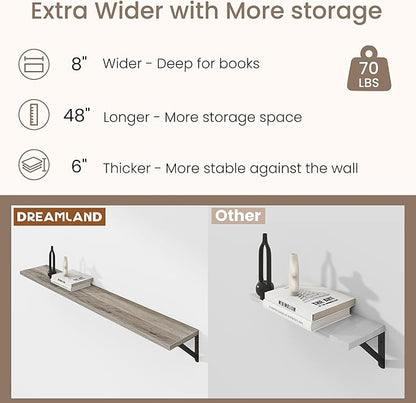 Dreamland Deep Floating Shelves for Wall, 48W x 8D Wall Mounted Shelves Set of 2, Wide Display Ledge Shelf with Sturdy Metal Brackets for Living Room, Bathroom, Bedroom and Kitchen, Grey
