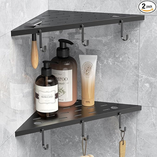 Corner Shower Shelf 10" Matte Black 304 Stainless Steel Recessed Shelf for Bathroom，Shower Corner Rack with Razor Hole Hook，Grout in Shelf for Tiled Wall, 2 Pack