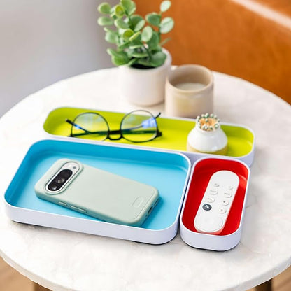 Three by Three Seattle 6 Piece Shallow Metal Organizer Tray Set for Storing Makeup, Stationery, Utensils, and More in Office Desk, Kitchen and Bathroom Drawers (1 Inch, Multicolor)
