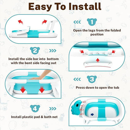 AVIDOR Baby Bathtub,Collapsible Bathtub for Newborn to Toddler,Durable Essential Infant Bath Tub,Portable Travel Baby Tub with Soft Bath Net,No-Slip Feet and Dinosaur Shaped (Light Blue)