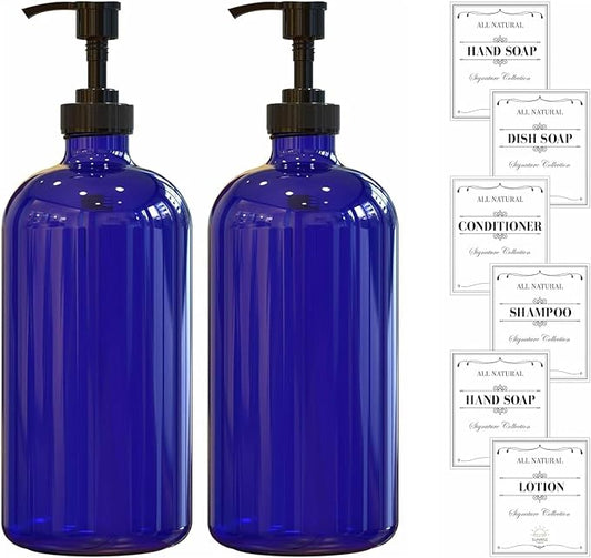 16 OZ Cobalt Blue Glass Soap Dispenser with Plastic Pump 2 Pack, Hand and Dish Soap Dispenser Set for Bathroom and Kitchen Sink with 6 Waterproof Labels
