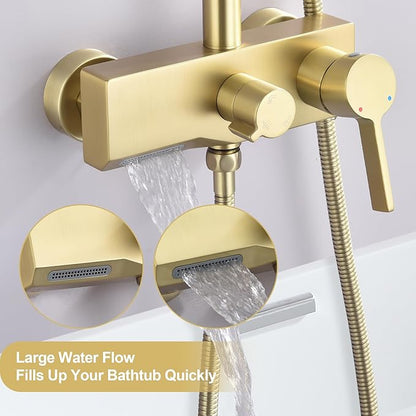 Brushed Gold Exposed Shower System with 2 Modes HandHeld,3 Functions Tub Shower Faucet Sets with Brass Valve, Shower Fixture with 10 Inches Rainfull Shower Head,Shower Height Adjustable