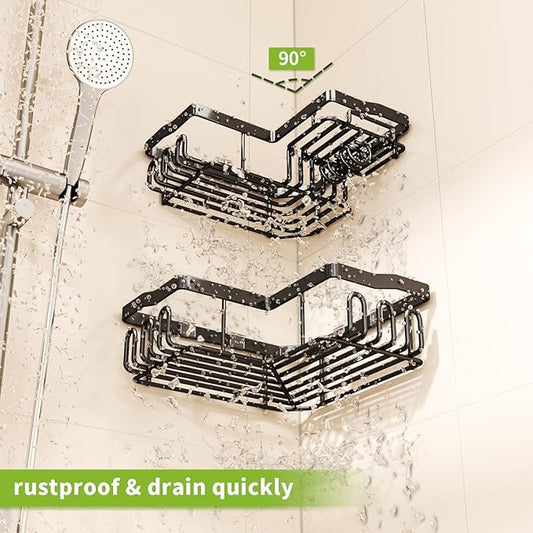 Corner Shower Caddy with Soap Holder, 2 Pack Stainless Steel Corner Shower Organizer with 11 Hooks, No Drilling & 6 Strong Adhesives Corner Shower Shelf Bathroom Organizer for Shower Room, Black
