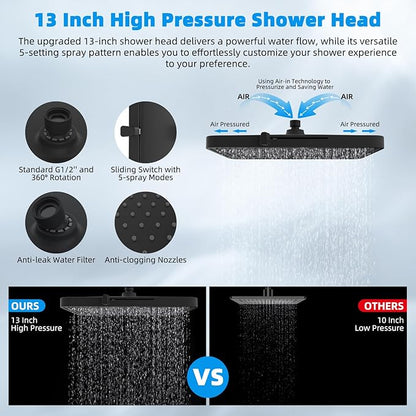 Hibbent 5-spray 13'' Dual Filtered Rainfall Shower Head Combo, High Pressure 10-setting Handheld Shower Head with 12'' Adjustable Extension Arm, 20 Stage Shower Filter, 71'' Hose, Oil Rubbed Bronze