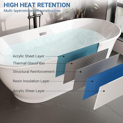 Freestanding Bathtub 59 Inch Oval Acrylic Soaking Tub – Glossy White Flared-Edge Free Standing Bath Tub with Pop-Up Drain & Overflow for Spa Bathrooms