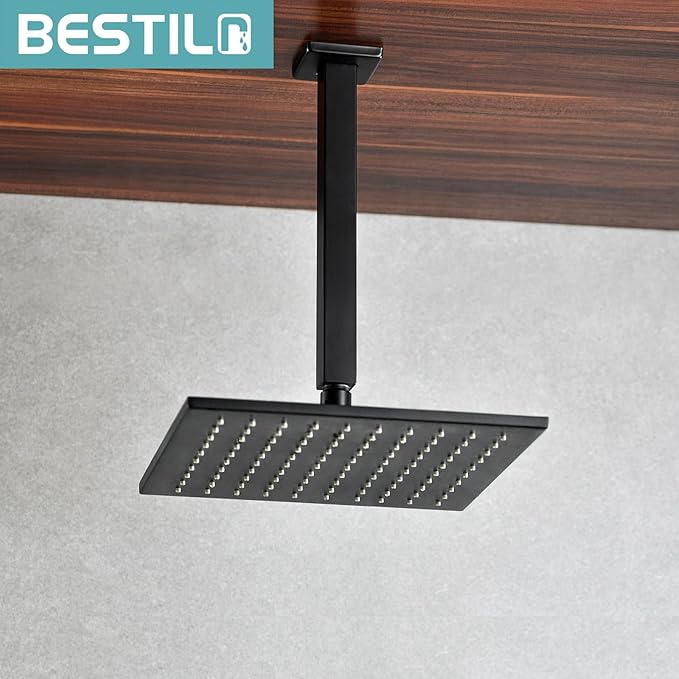 BESTILL 10 Inch Matte Black Ceiling Mount Shower Arm and Flange, Square Rain Shower Arm
