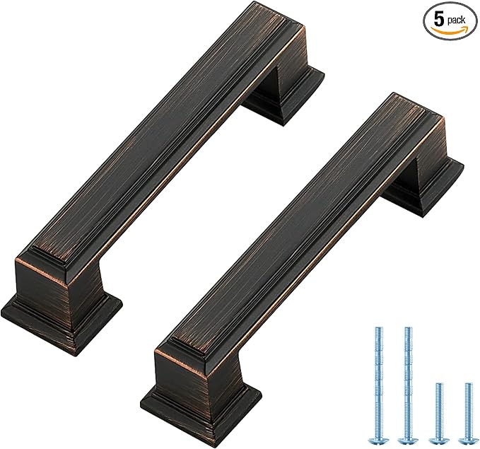 Ravinte Hardware 5 Pack Oil Rubbed Bronze Cabinet Pulls, 3 Inch (76mm) Hole Center Zinc Alloy Drawer Handles for Kitchen Cabinets, Cupboards, Dressers, Square Solid Metal Hardware